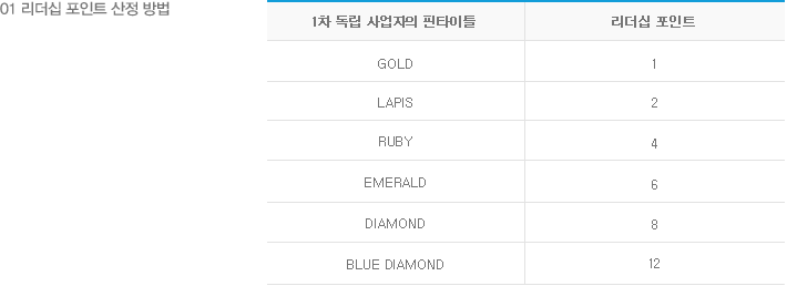 01 리더십 포인트 산정 방법으로, 1차 독립 사업자의 핀타이틸과 리더쉽 포인트로 나눌수 있는데, GOLD 1점 , LAPIS 2점, RUBY 4점, EMERALD 6점, DIAMOND 8점, BLUE DIAMOND 12점으로 나눌수 있습니다.