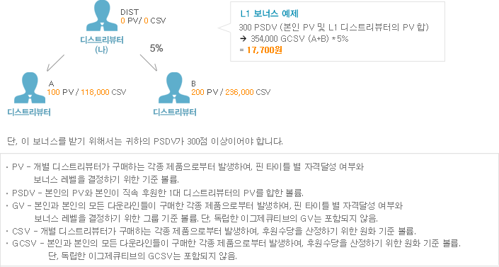 L1 보너스 예제로, 300PSDV(본인 SV 및 L1 디스트리뷰터의 PV 합 )/ 300GV = 300(A+B) *5% = $ 15(17,700원) 단, 이보너스를 받기 위해서는 귀하의 PSDV 가 300점 이상이어야 합니다. PV - 개별 디스트리뷰터가 구매하는 각종 제품으로 발생한 점수, PSDV - 본인의 PV와 본인이 직속 후원한 1대 디스트리뷰터의 PV를 합한 점수, GV - 본인과 본인의 모든 다운라인들이 구매한 각종 제품으로 발생한 점수. 단, 독립한 이그제큐티브의 GV는 포함되지 않음